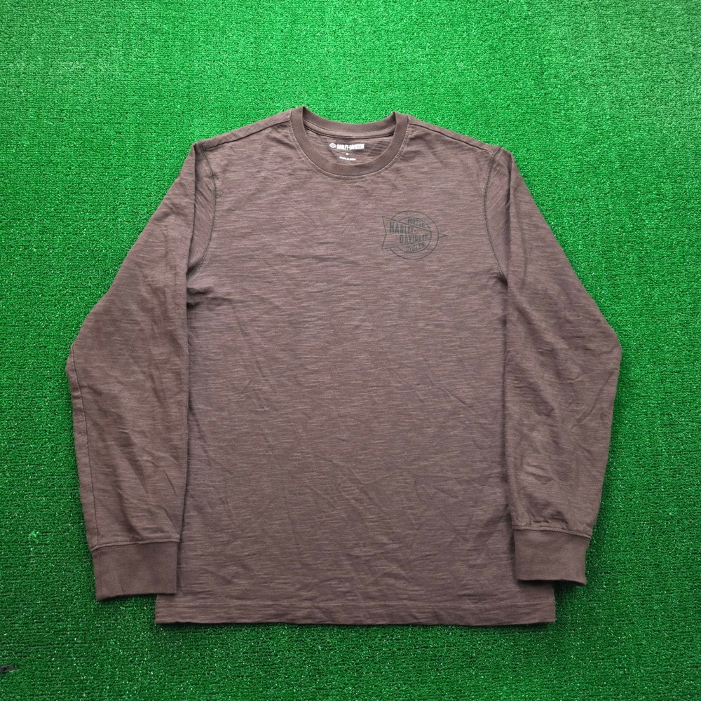 Harley Davidson Slub Knit Shirt Mens Medium Brown Long Sleeve Cotton Graphic